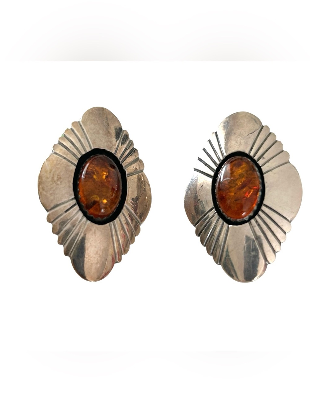 Vtg S Dickens Sterling Silver Amber Southwest Navajo Pierced Earring 1.3”